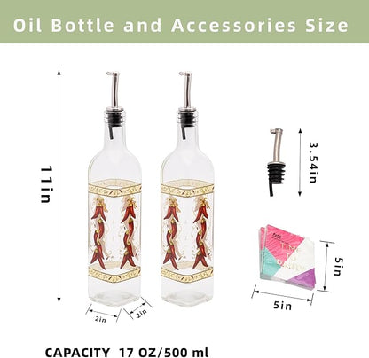 Topadorn 17 oz Olive Oil Dispenser Bottle Set for Kitchen, 2 Pcs Glass Oil Dispenser Bottle with Stainless Steel Pourers, 2 Packs of Napkins, Chili