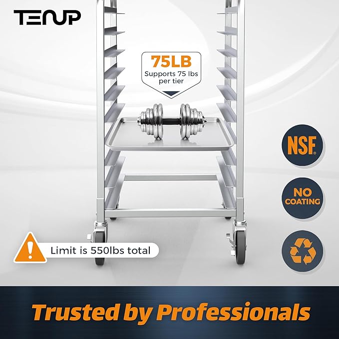 TenUp 10-Tier NSF Aluminum Sheet Pan Rack, Commercial Bakery Cooling & Storage Cart with Wheels, Heavy-Duty Bun Rack – 26" L x 20" W x 38" H - Image 4