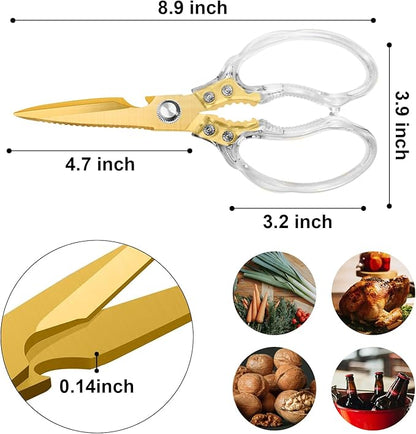 CGBE Kitchen Scissors, Multi-Purpose Kitchen Shears, Heavy Duty Food Scissors for Chicken, Poultry, Fish, Meat & Herbs with Non-Slip Grips - Transparent Gold - Image 3