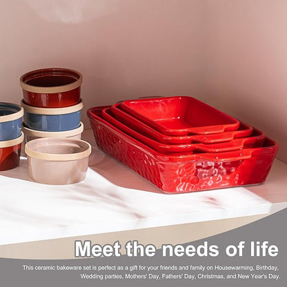 Dafuceramic Casserole Dishes for Oven, Baking Dishes, Ceramic Bakeware Sets of 4, Rectangular Baking Pan Set with Handles for Baking, Casserole, Kitchen, Wedding Gift (Red) - Image 6
