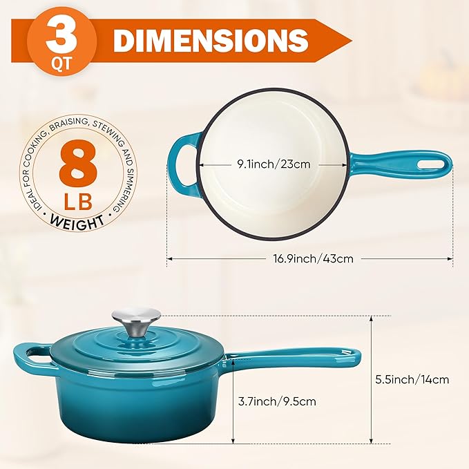 Homikit 3 Quart Saucepan with Lid, Enameled Cast Iron Saucepan for All Cooktops, Heavy Duty Cast Iron Pot for Kitchen Cooking, Boiling, Nonstick & Up to 500°F, Teal Ombre