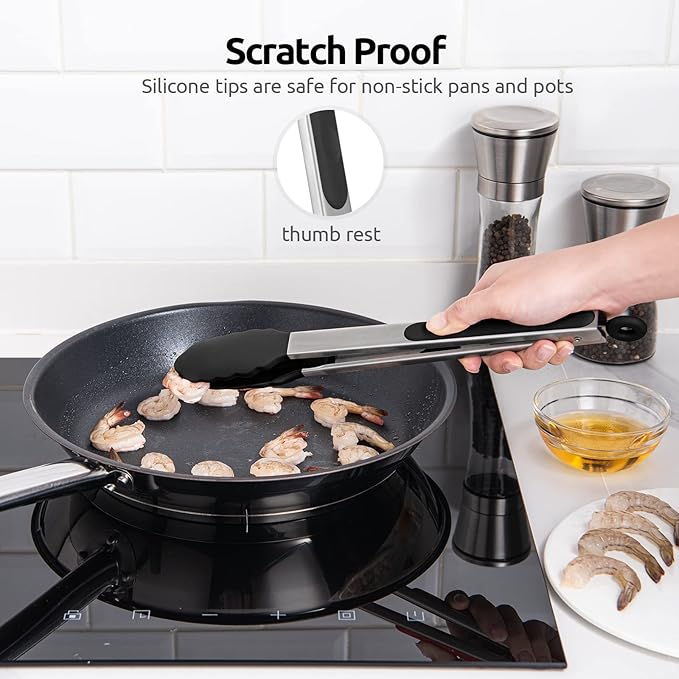 600ºF Heat Resistant Kitchen Tongs: U-Taste 12 inch Large Silicone Cooking Tong with Sturdy Non Stick Rubber Tips & Silicon Coated 18/8 Stainless Steel Handle & Smooth Locking for Serving Grill(Black) - Image 9