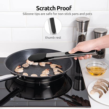 600ºF Heat Resistant Kitchen Tongs: U-Taste 12 inch Large Silicone Cooking Tong with Sturdy Non Stick Rubber Tips & Silicon Coated 18/8 Stainless Steel Handle & Smooth Locking for Serving Grill(Black) - Image 9