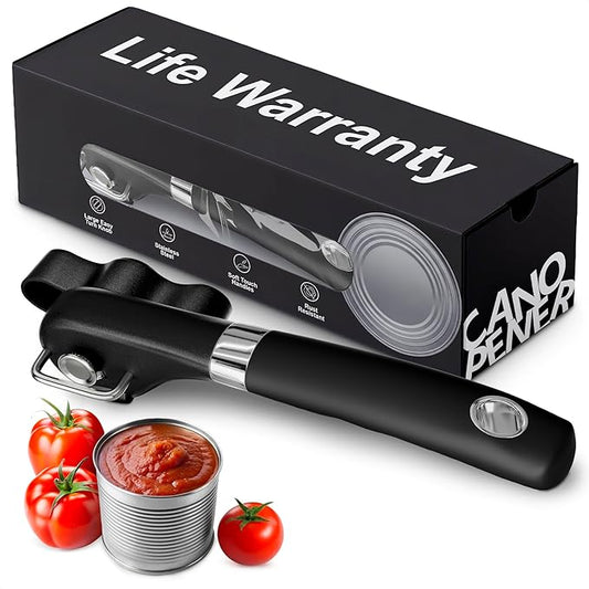 Can Opener Smooth Edge Side Cut – Stainless Steel Manual Can Opener with Ergonomic Handle, Handheld Can Openers for All Can Sizes, No Sharp Edges, Reusable Lid, Easy Turn Knob for Everyday Kitchen Use
