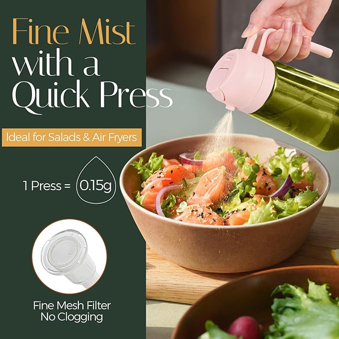 YARRAMATE 16oz/470ml Light-Blocking Dark Oil Sprayer for Cooking, 2 in 1 Olive Oil Dispenser Bottle for Kitchen, Dark Green Glass Oil Bottle, Food-Grade Oil Mister for Air Fryer, BBQ (PeachPink) - Image 3