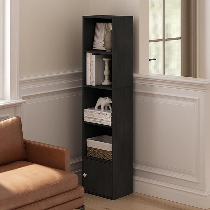 Furinno LUDER Book Shelf, 5-Tier Modern Bookshelf, Bookcase with 1 Door Storage Cabinet, 9.3 x 12 x 52, for Organization and Storage, for Living Room, Bedroom, Home Office, Blackwood - Image 4