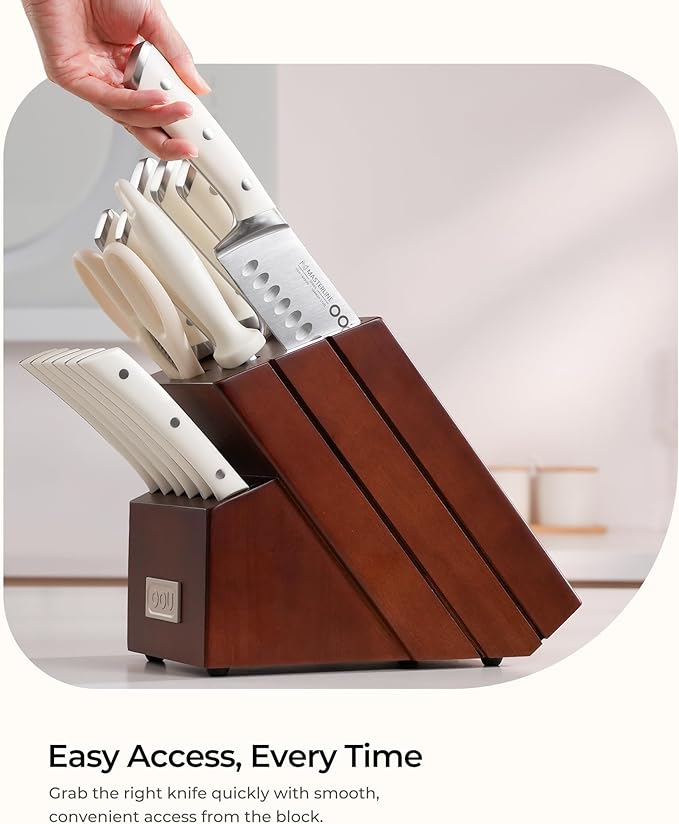 OOU 2026 Master Line 15-Piece German High Carbon Steel Knife Set - Professional Sharp Chef Knife with FSC Wooden Block - Ergonomic Handle Kitchen Knife Set with Steak Knives & Sharpener-Walnut