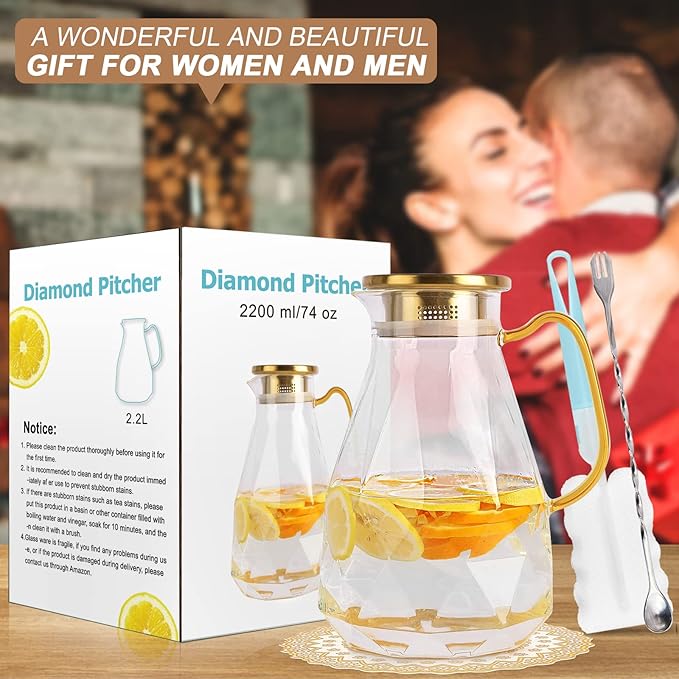 Yirilan Glass Pitcher, 2.2 Liter Water Pitcher With Lid,Iced Tea Pitcher for Fridge,Carafe With Lid, Glass Water Jug For Juice, Milk, Cold Or Hot Beverages, 2 Quart - Image 7