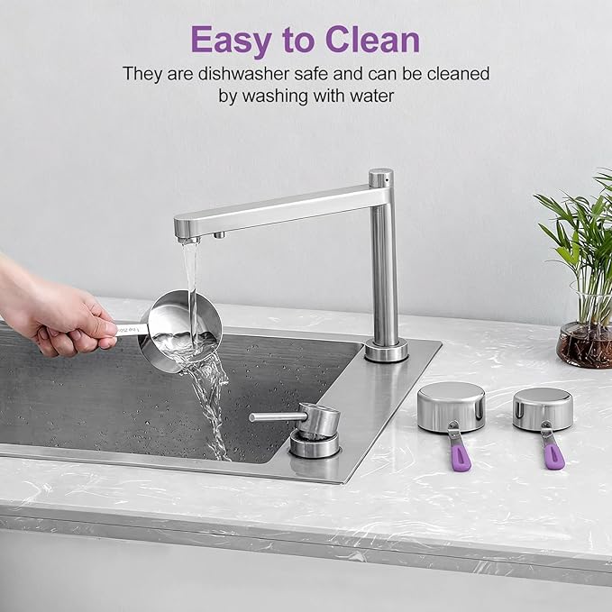 Bopei Measuring Cups and Spoons Set Stainless Steel 10 Piece for Cooking and Baking (5 Cups + 5 Spoons, Purple Handle) - Image 6