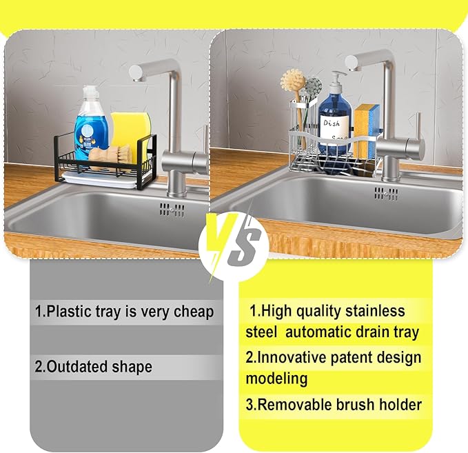 Fssvcd Maifan Sink Caddy Sponge Holder for Kitchen with Brush Holder and Stainless Steel Self Drain Tray, Rustproof Kitchen Sink Organizer for Sponge, Soap Dispenser Storage Accessories - Image 3