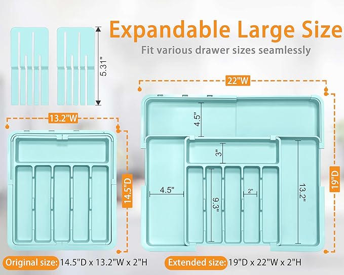 Homecor Silverware Organizer - Expandable Large Kitchen Drawer Organizer Utensil Organizer with 2 Knife Block Inserts, 22"x 19"Cutlery Tray with Drawer Dividers for Kitchen Flatware (Turquoise) - Image 2