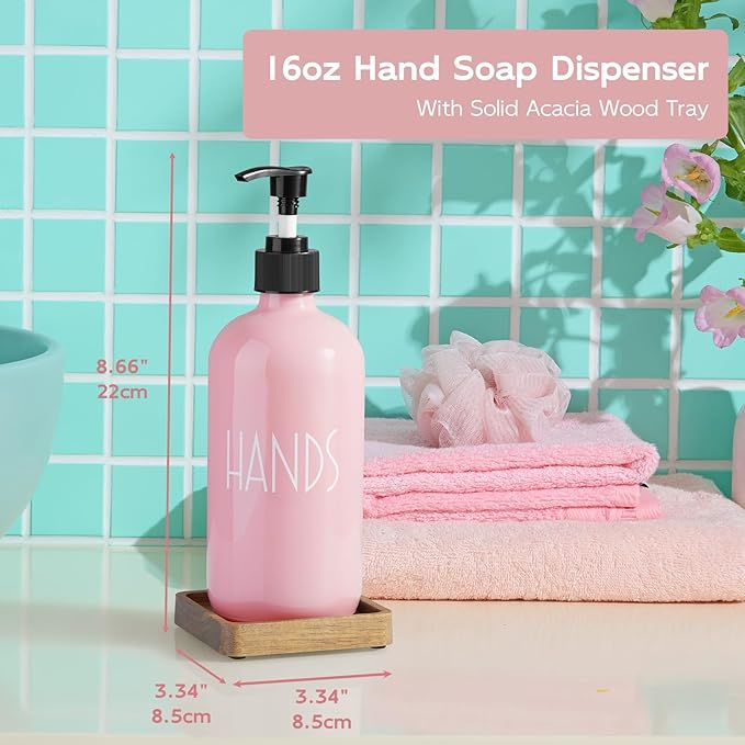 Pink Glass Hand Soap Dispenser with Acacia Wood Tray, 16 oz Refillable Hand Soap Pump Bottle, Decorative Countertop Soap Dispenser Set for Kitchen, Bathroom, Restaurant - Image 6