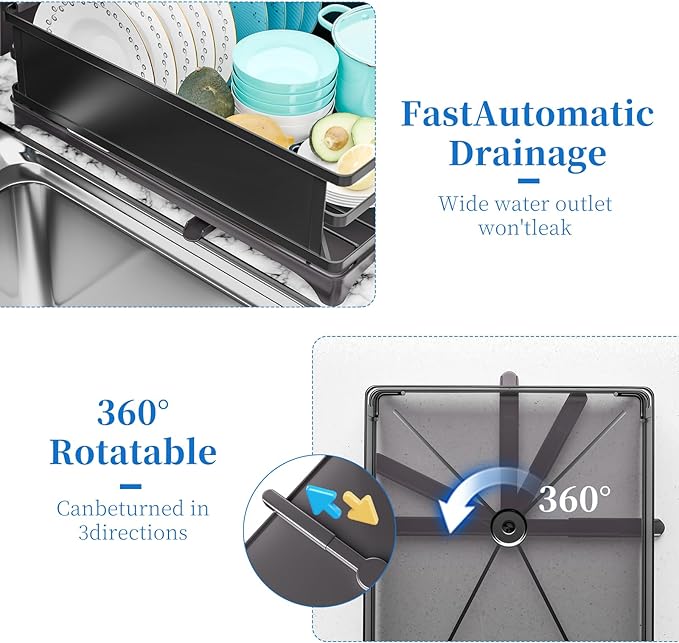 Simple Trending Dish Drying Rack, Space-Saving Large Dish Rack for Kitchen Counter, Anti-Rust Dish Drainer with Cutlery & Cup Holders, Black - Image 6