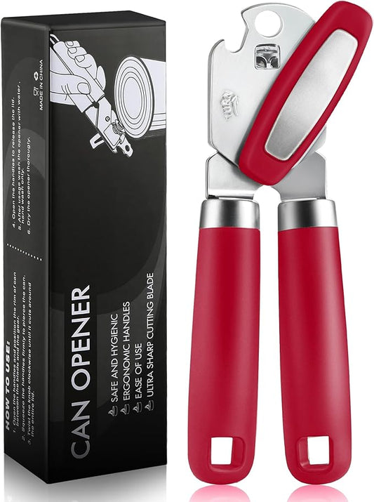 Multifunctional Can Opener Manual, Durable Heavy Duty Handheld Strong Can Opener with Smooth Cutting Edge, Friendly Kitchen Essentials Tool for Seniors, Camping and Bottle Opening-Red by Unknown