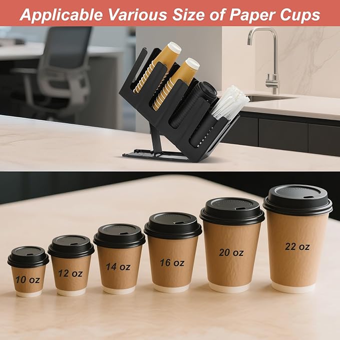 Paper Cup and Lid Holder with Straw Organizer,4 Compartment Adjusting,Coffee Cup Dispenser for Countertop,Coffees Station,Bar Restaurant,Black - Image 2