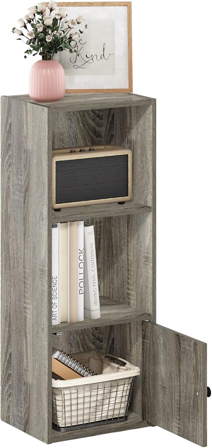 Furinno LUDER Book Shelf, 3-Tier Modern Bookshelf, Bookcase with 1 Door Storage Cabinet, 9.3 x 12 x 31.5, for Organization and Storage, for Living Room, Bedroom, Home Office, French Oak by Furinno-FitsYourSpaceFitsYourBudget