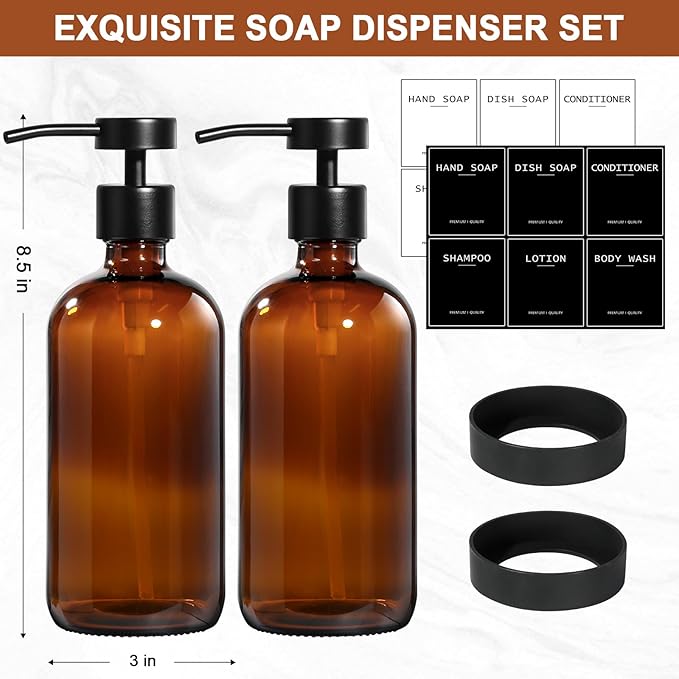RYTOXILO Hand Soap Dispenser for Bathroom 2 Pack, Amber Glass Soap Dispenser with Stainless Steel Pump, 16.9 Fl oz Hand and Dish Soap Dispensers Set Kitchen, Modern Brown Soap Lotion Dispensers Bottle - Image 2