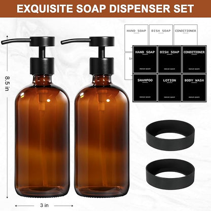 RYTOXILO Hand Soap Dispenser for Bathroom 2 Pack, Amber Glass Soap Dispenser with Stainless Steel Pump, 16.9 Fl oz Hand and Dish Soap Dispensers Set Kitchen, Modern Brown Soap Lotion Dispensers Bottle - Image 2