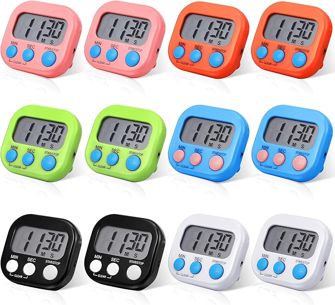 Digital Kitchen Timer Magnetic Countdown Timer Kitchen Loud Alarm Stopwatch Large Digits Timer for Cooking Baking Sports Games Office Classroom (Black, Orange, Pink, Green, Blue, White, 12)