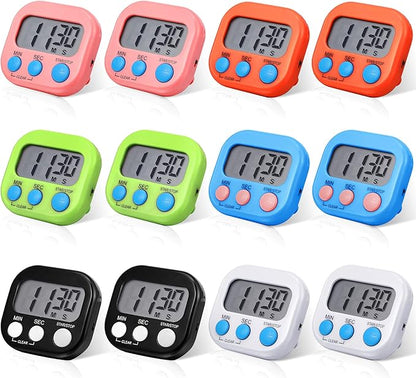 Digital Kitchen Timer Magnetic Countdown Timer Kitchen Loud Alarm Stopwatch Large Digits Timer for Cooking Baking Sports Games Office Classroom (Black, Orange, Pink, Green, Blue, White, 12)