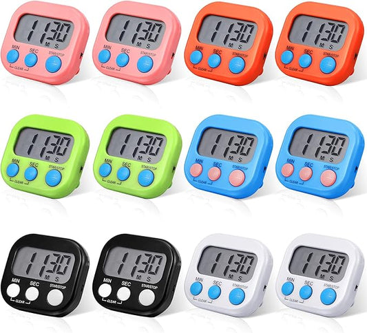 Digital Kitchen Timer Magnetic Countdown Timer Kitchen Loud Alarm Stopwatch Large Digits Timer for Cooking Baking Sports Games Office Classroom (Black, Orange, Pink, Green, Blue, White, 12)