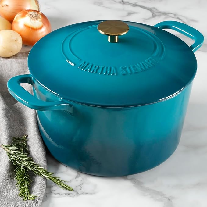 Martha Stewart Gatwick 7-Quart Enamel Cast Iron Dutch Oven – Emerald Ombre with Gold Knob – Durable Heavy-Duty Dutch Oven for Slow Cooking, Braising & Baking - Image 2