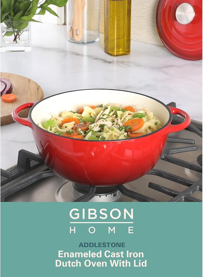 Gibson Home Addlestone 2.65 Quart Round Enamel Cast Iron Dutch Oven Pot With Lid & Dual Handles - Gradient Red - Image 2