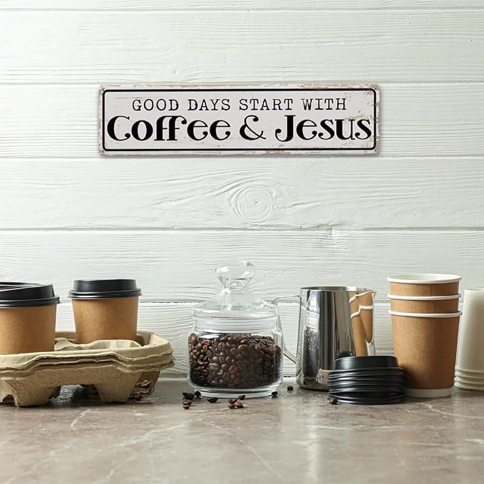 Coffee Signs for Coffees Station Decor, Good Days Start with Coffee & Jesus, Vintage Metal Tin Sign for Home Kitchen Garage Cafe Decor, Coffees Lover Gifts, Decorative Metal Wall Signs 15.8x4 Inches - Image 4
