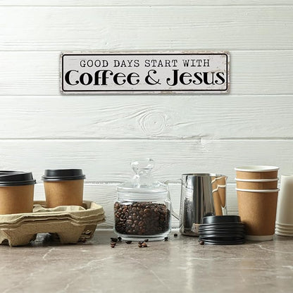 Coffee Signs for Coffees Station Decor, Good Days Start with Coffee & Jesus, Vintage Metal Tin Sign for Home Kitchen Garage Cafe Decor, Coffees Lover Gifts, Decorative Metal Wall Signs 15.8x4 Inches - Image 4
