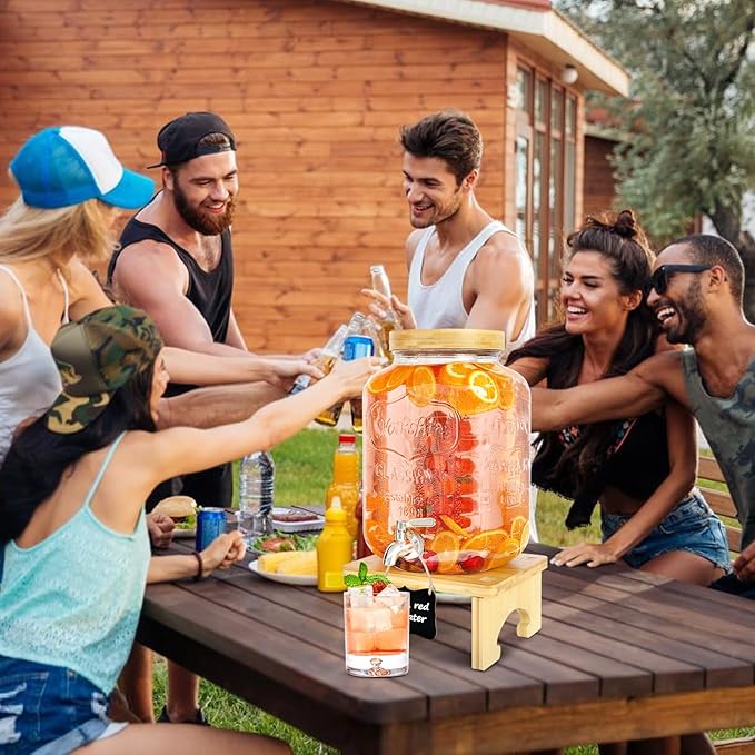 2 Gallon Drink Dispenser with Stand，Glass Beverage Dispenser With Wood Stand, 18/8 Stainless Steel Spigot and Labels Large Water Drink Dispensers for Parties, Lemonade,Juice, Tea - Image 6