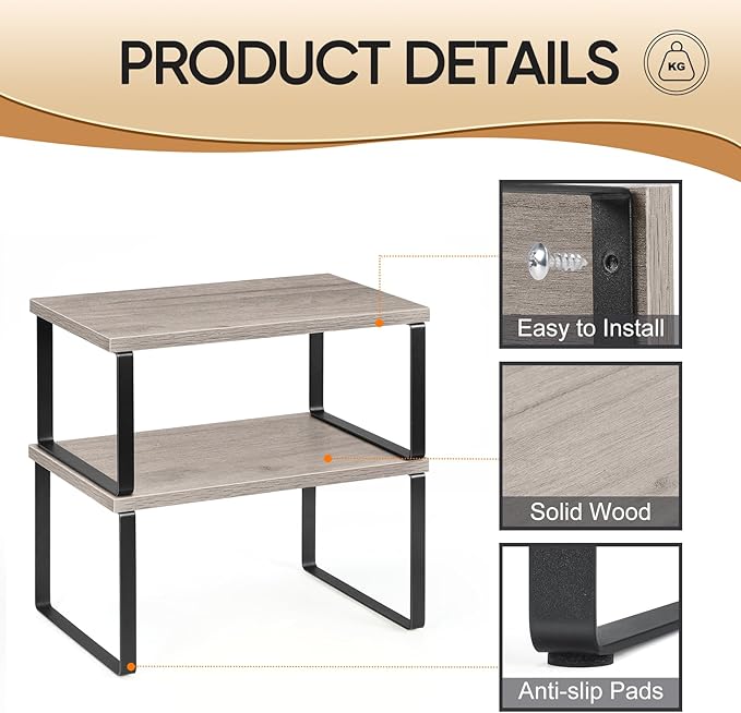 NEX Kitchen Cabinet and Counter Shelf Organizer, Shelf Riser for Pantry Countertop Cupboard Desk Top, Stackable & Expandable, Set of 4, Black and Greige - Image 6