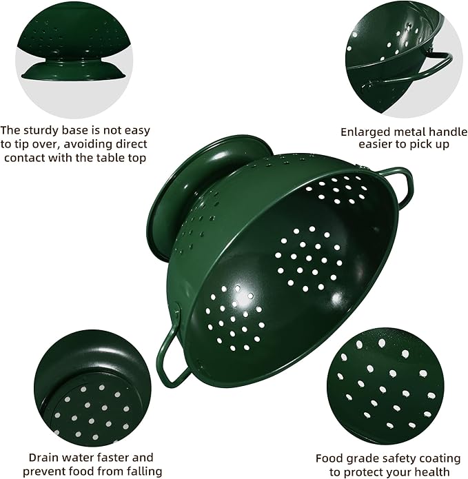 Metal Colander Set of 3, Strainer Basket with Handles perfect for Spaghetti, Pasta, Berry, Vegetable, Fruit, Solid Base Powder Coated Kitchen Essential Strainer Set, 1 & 3.5 & 5 Qt (Dark Green) - Image 5