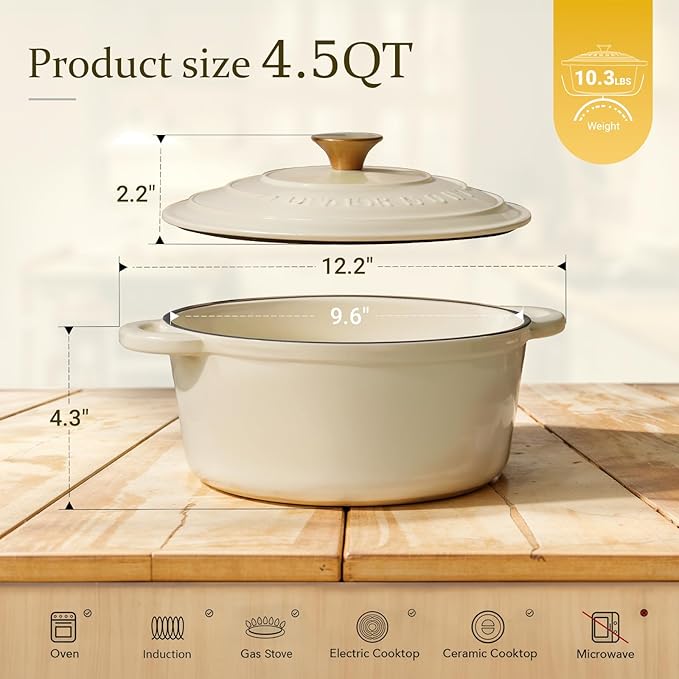 Overmont Enameled Cast Iron Dutch Oven - 4.5QT Pot with Lid Cookbook & Cotton Potholders - Heavy-Duty Cookware for Braising, Stews, Roasting, Sourdough Baking Cream White - Image 6