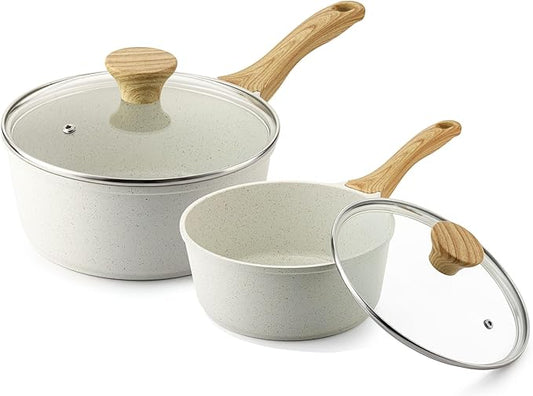 SENSARTE White Ceramic Nonstick Saucepan with Lid Set, Small Cooking Pot with Stay Cool Handle, Induction Compatible Saucepot, White Granite Coating, PFOA/PFAS Free, 2.0 + 2.5QT by SENSARTE