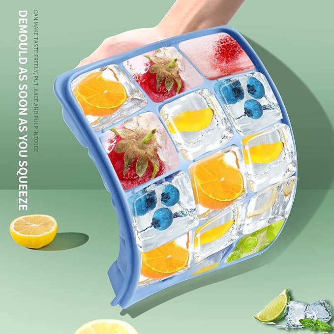 Ice Cube Trays Set of 2, Easy Release 15 Flexible Silicone Ice Cube Molds with Removable Lid Reusable Freezer Ice Trays Stackable for Whiskey, Baby Food, BPA Free (BLUE+GREEN) - Image 5