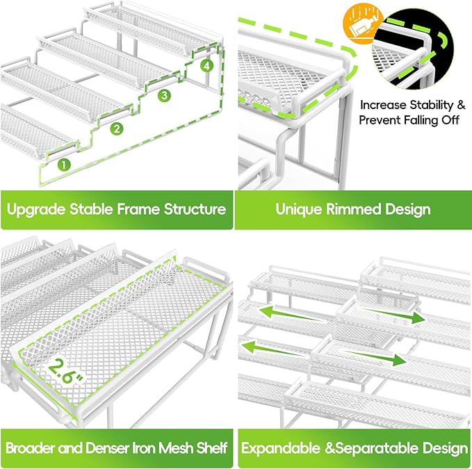 4 Tier Adjustable Spice Rack Organizer for Cabinet - White (2 PCS S&L) Expandable Spice Shelf with Protection Railing for Inside Cabinets, Countertop, Pantry Storage & Seasoning Organization - Image 6