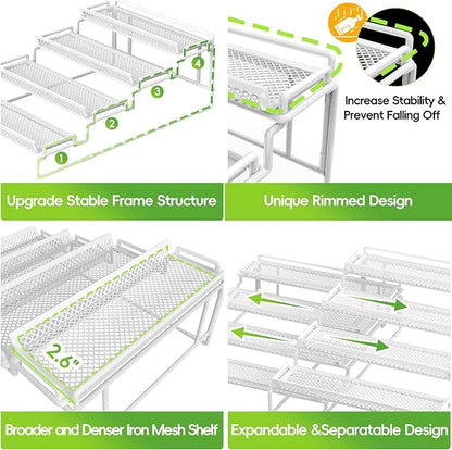 4 Tier Adjustable Spice Rack Organizer for Cabinet - White (2 PCS S&L) Expandable Spice Shelf with Protection Railing for Inside Cabinets, Countertop, Pantry Storage & Seasoning Organization - Image 6