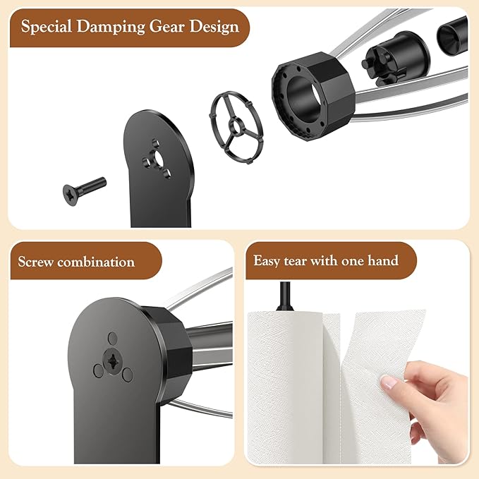 3 Pack Paper Towel Holder Under Cabinet + 2 Towel Robe Hooks, Single Hand Operable Wall Mount Paper Towel Holder with Damping Effect, Adhesive or Drilled Paper Roll Holders for Kitchen, Bathroom, RV - Image 8