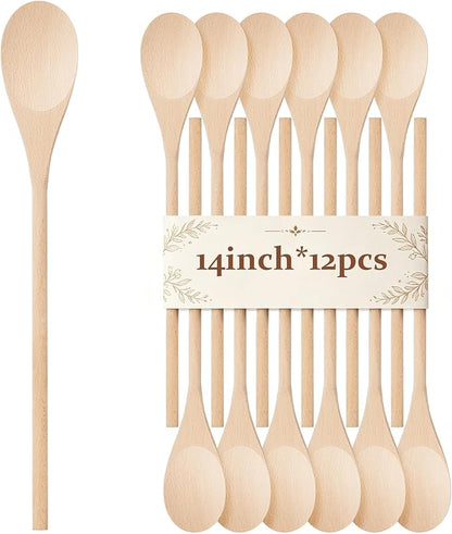 12 Pcs Wooden Spoons for Cooking, MORGLES 14-Inch Serving Spoons for Stirring Mixing Serving Long Handle Plastic Free Reusable Non Scratch Dishwasher Safe