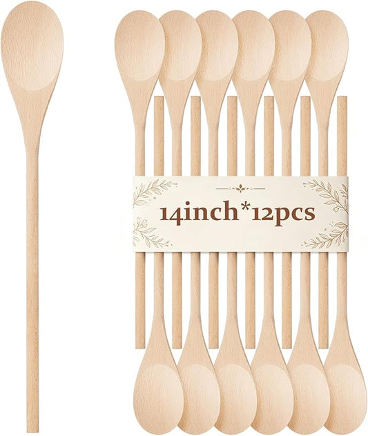 12 Pcs Wooden Spoons for Cooking, MORGLES 14-Inch Serving Spoons for Stirring Mixing Serving Long Handle Plastic Free Reusable Non Scratch Dishwasher Safe