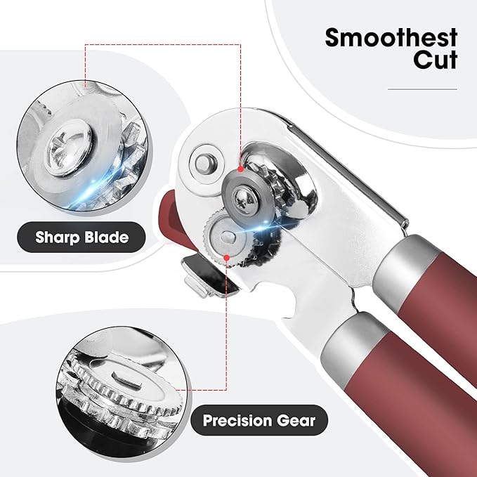 Beneno Heavy Duty Hand Can Opener Manual with Magnet, Durable Sharp Carbon Steel Blade Smooth Cutting, Big Effort-Saving Knob & Soft Grip Handle, Multifunctional Kitchen Tool with Bottle Opener, Red - Image 3