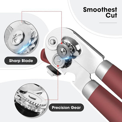 Beneno Heavy Duty Hand Can Opener Manual with Magnet, Durable Sharp Carbon Steel Blade Smooth Cutting, Big Effort-Saving Knob & Soft Grip Handle, Multifunctional Kitchen Tool with Bottle Opener, Red - Image 3