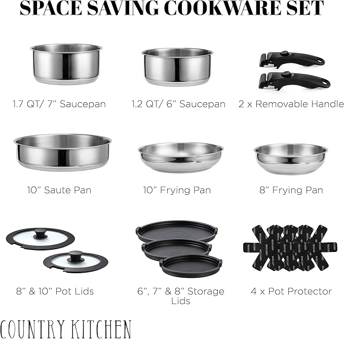 Country Kitchen Cookware Set with Removable Handle, Oven & RV Safe Pots and Pans Set, Stainless Steel, Original - Image 2