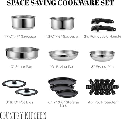Country Kitchen Cookware Set with Removable Handle, Oven & RV Safe Pots and Pans Set, Stainless Steel, Original - Image 2
