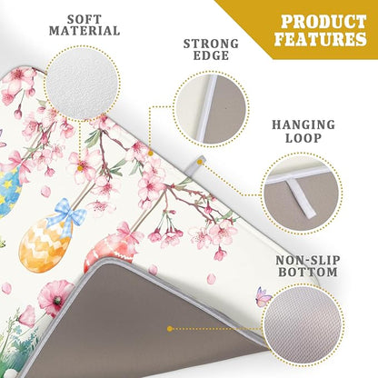 Giwawa Easter Bunny Dish Drying Mat, Spring Rabbits Eggs Hunt Dish Drainer Mats for Kitchen Countertop, Watercolor Floral Absorbent Reversible Dish Drying Pad Decor, 18x24inches, Large