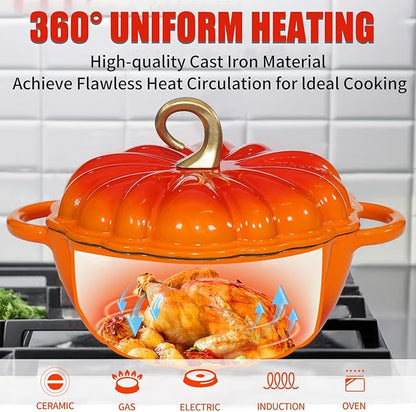 Pumpkin Enameled Cast Iron Dutch Oven with Lid, 4.5 QT Heavy Duty and Dual Handles Pot, Serves 3-5 and Oven Safe for Bread Baking, Braising, Cooking Soup and Family Gifts, Orange