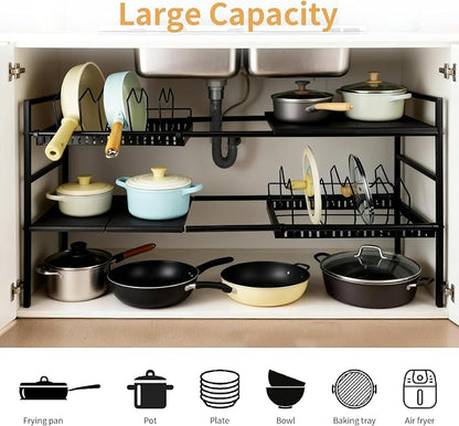 Pots and Pans Organizer Under Cabinet, Expandable Length, Adjustable Height Under Sink Shelf 2 Tier with 10 Dividers Under Cabinet Shelf, Pot and Pan Lid Holder Rack (Black)