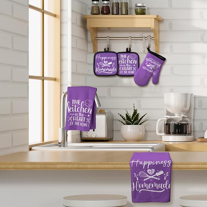Sratte 6 Pcs Kitchen Decor Accessories Set Farmhouse Towels Pot Holders Oven Mitts Set 2 Dish Towels 2 Potholders 2 Cooking Mittens Oven Glove for Christmas Baking Cooking (Purple,Kitchen) - Image 7