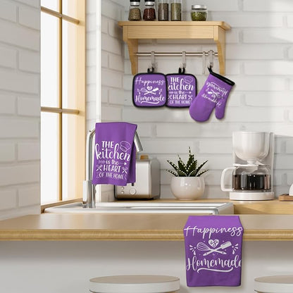 Sratte 6 Pcs Kitchen Decor Accessories Set Farmhouse Towels Pot Holders Oven Mitts Set 2 Dish Towels 2 Potholders 2 Cooking Mittens Oven Glove for Christmas Baking Cooking (Purple,Kitchen) - Image 7