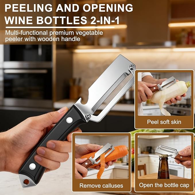 2Pcs Premium Vegetable Peeler with Wooden Handle and Bottle Opener,Multifunctional 3-in-1 Stainless Steel Kitchen Tool for various fruits and vegetables that require peeling（Black + Brown） - Image 3